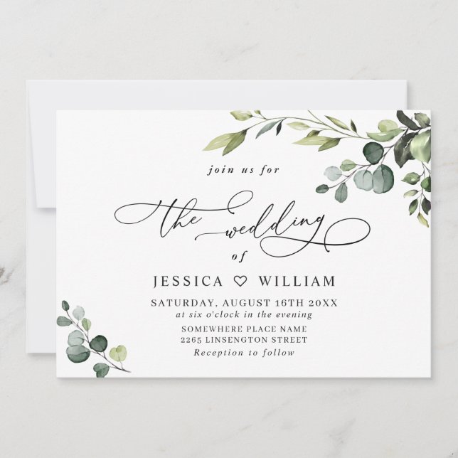 Elegant Eucalyptus Watercolor Greenery Bröllop Inbjudningar (Framsida)