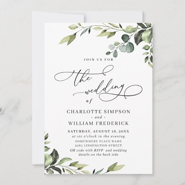 Elegant Eucalyptus Watercolor Greenery Bröllop Inbjudningar (Framsida)
