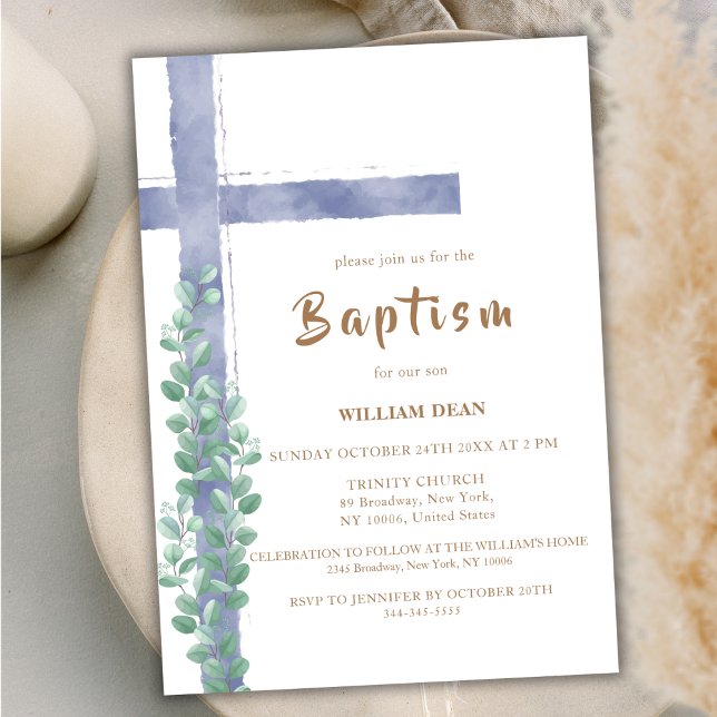 Elegant Eucalyptus Watercolor Kor Boy Baptism Inbjudningar (Elegant Eucalyptus Watercolor Cross Boy Baptism Invitation)
