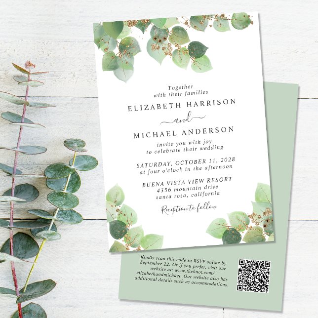 Elegant Eucalyptus Watercolor QR Code Bröllop Inbjudningar (Skapare uppladdad)