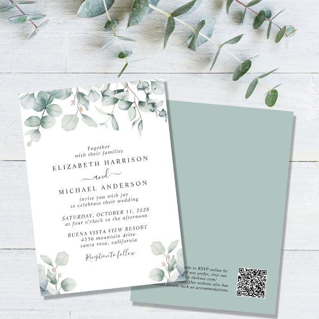 Elegant Eucalyptus Watercolor QR Code Bröllop Inbjudningar (Skapare uppladdad)