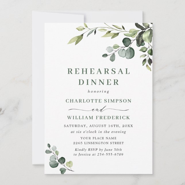 Elegant Eucalyptus Watercolor REHEARSAL DINNER Inbjudningar (Framsida)