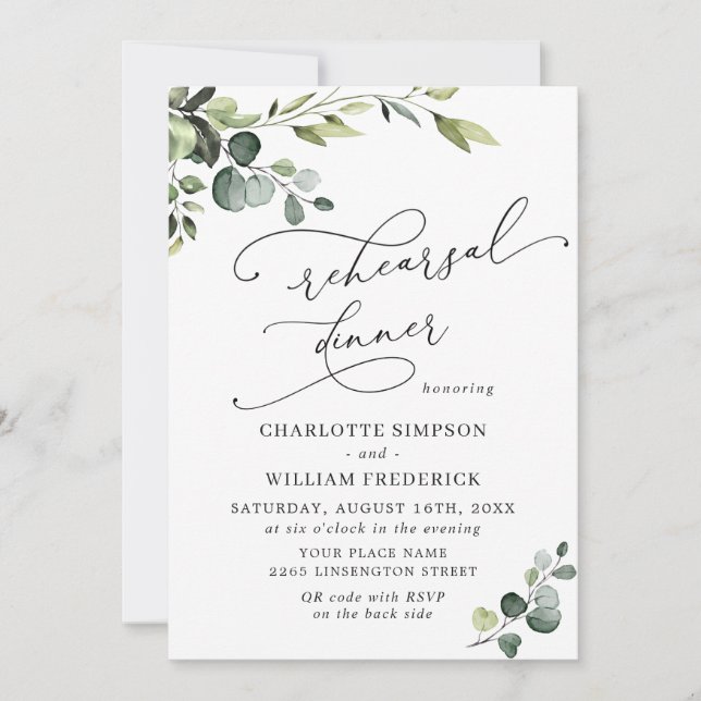 Elegant Eucalyptus Watercolor REHEARSAL DINNER Inbjudningar (Framsida)