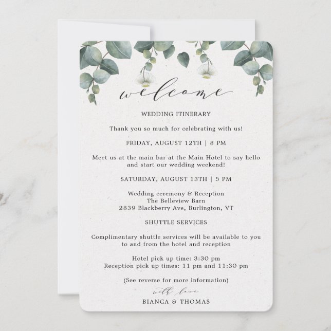Elegant Eucalyptus Wedding Day Itinerary Meddelande (Framsida)