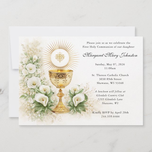 Elegant Eucharist First Communion Floral Inbjudningar (Framsida)