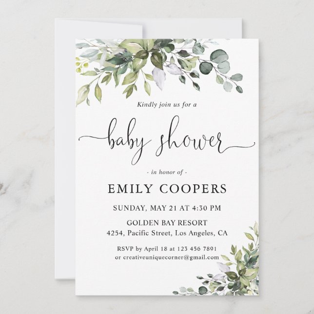 Elegant Eukalyptus Baby Shower Inbjudan (Framsida)