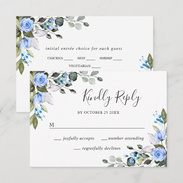 Elegant Eukalyptus Blå Rosor Bröllop RSVP-kort OSA Kort (Fram/baksida)