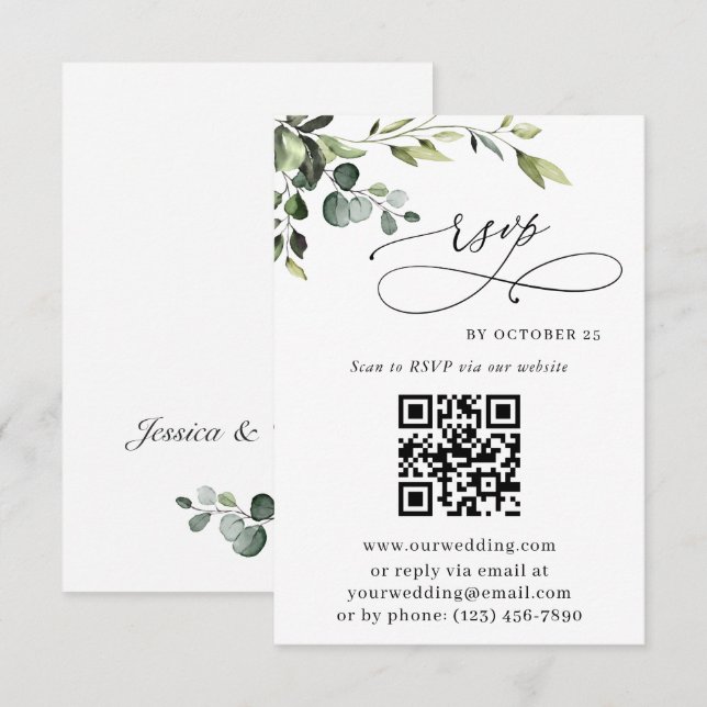 Elegant Eukalyptus Blommig Bröllops QR-kod OSA Kort (Fram/baksida)