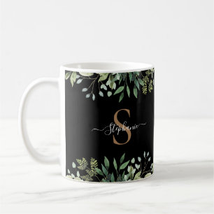 Elegant Eukalyptus Botanisk Guld Monogram Skrift Kaffemugg