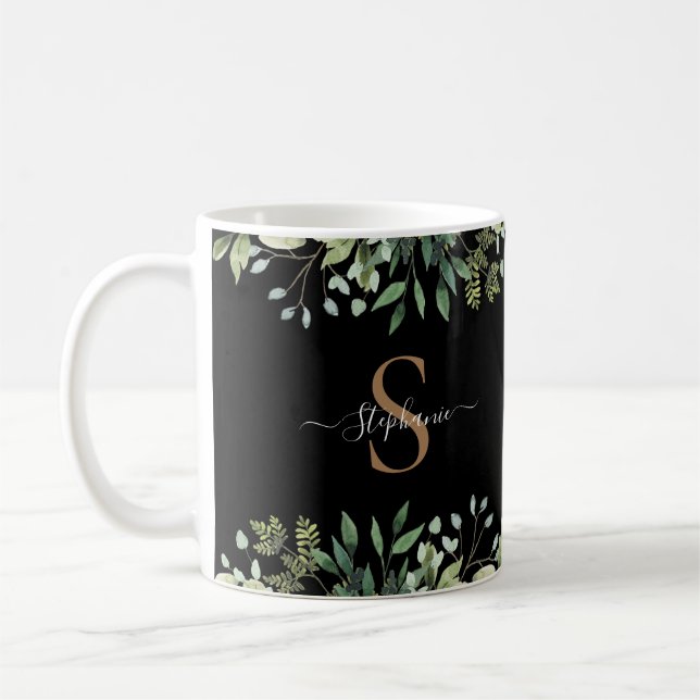 Elegant Eukalyptus Botanisk Guld Monogram Skript Kaffemugg (Vänster)