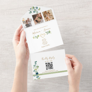Elegant Eukalyptus Bröllopsinbjudan med QR-kod