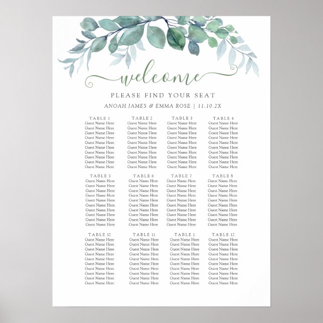 Elegant Eukalyptus Bröllopsplatskarta Poster (Framsidan)