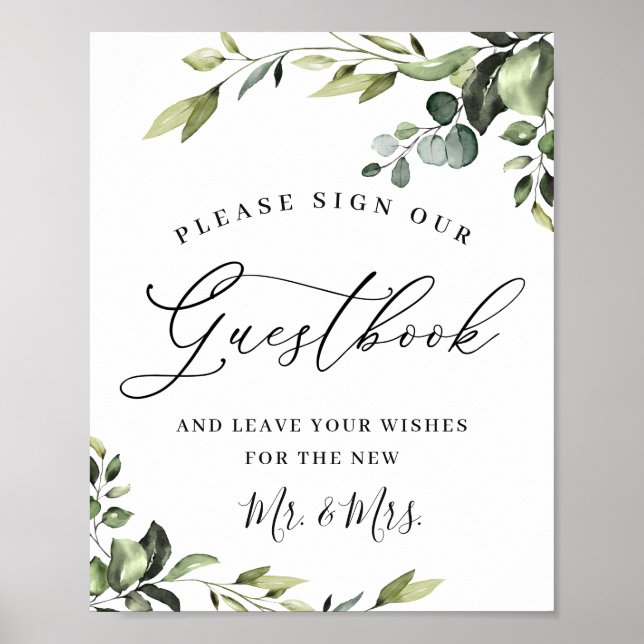 Elegant Eukalyptus Bröllopsskylt Vår Gästbok Poster (Framsidan)