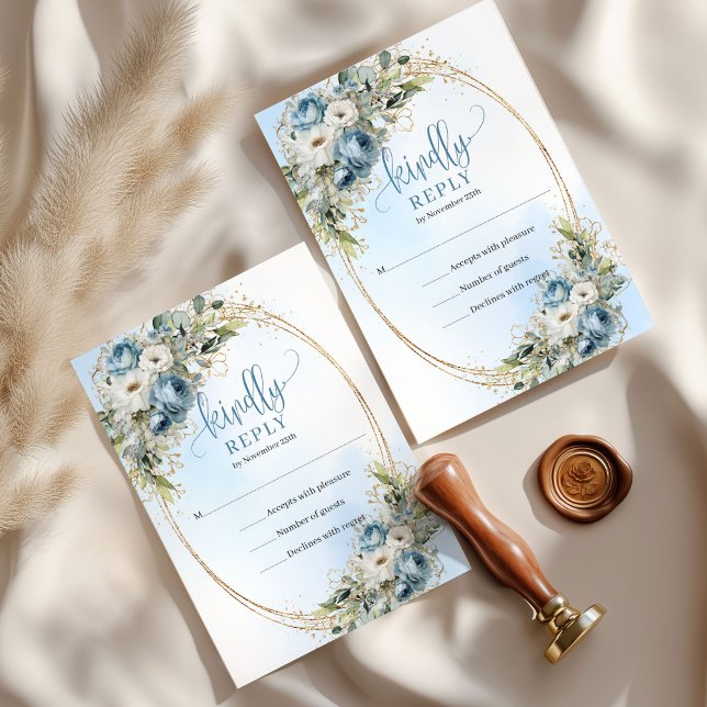 Elegant Eukalyptus Dammtor Blue Guld Bröllop RSVP OSA Kort (Elegant Eucalyptus Dusty Blue Gold Wedding RSVP)