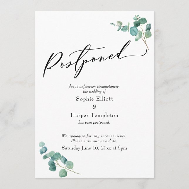 Elegant Eukalyptus Försenat Bröllopsbesked Inbjudningar (Framsida)