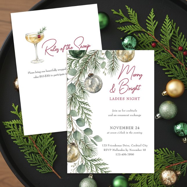 Elegant Eukalyptus Girlang Ornament Utbyte Inbjudningar (Holiday Ornament Exchange Invitation - printed or digital download - by Darling & May)
