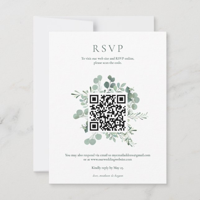 Elegant Eukalyptus Grön Bröllops QR-kod RSVP Inbjudningar (Framsida)