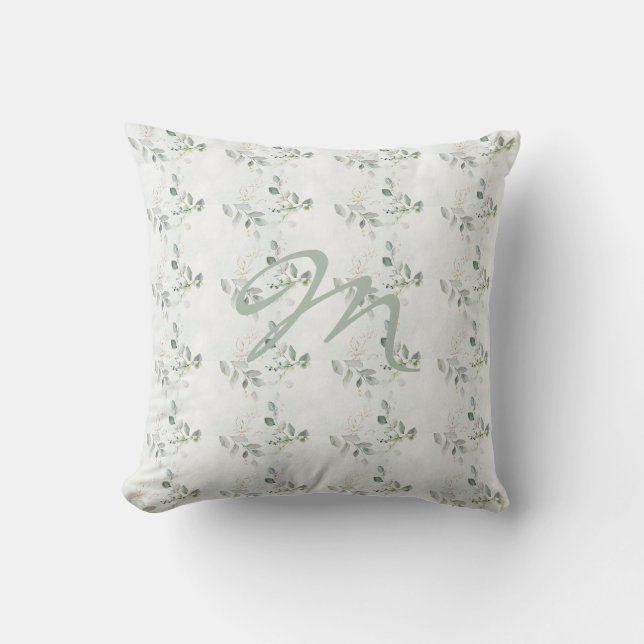 Elegant Eukalyptus Grön Monogram Kudde (Framsida)