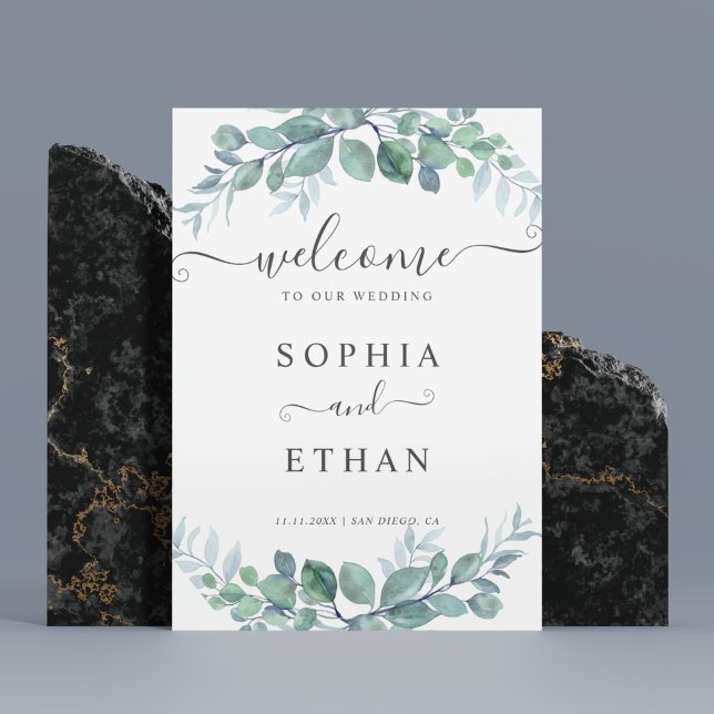 Elegant Eukalyptus Grönska Bröllop Välkomstskylt Poster (Elegant Eucalyptus Greenery Wedding Welcome Sign)