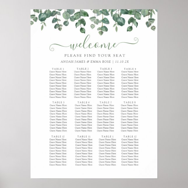 Elegant Eukalyptus Grönska Bröllops Sittplatskarta Poster (Framsidan)