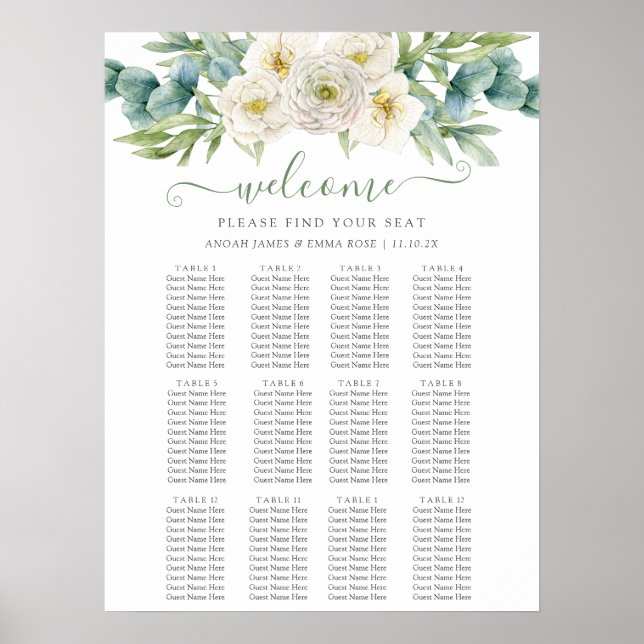 Elegant Eukalyptus Grönska Bröllops Sittplatskarta Poster (Framsidan)