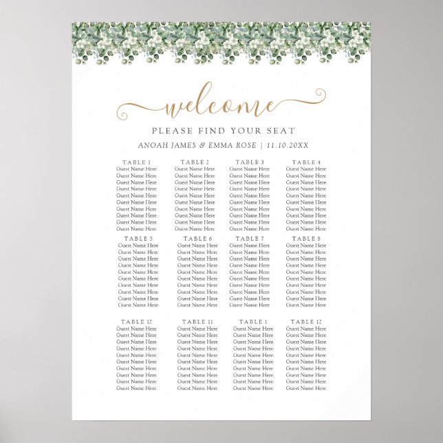 Elegant Eukalyptus Grönska Bröllops Sittplatskarta Poster (Framsidan)