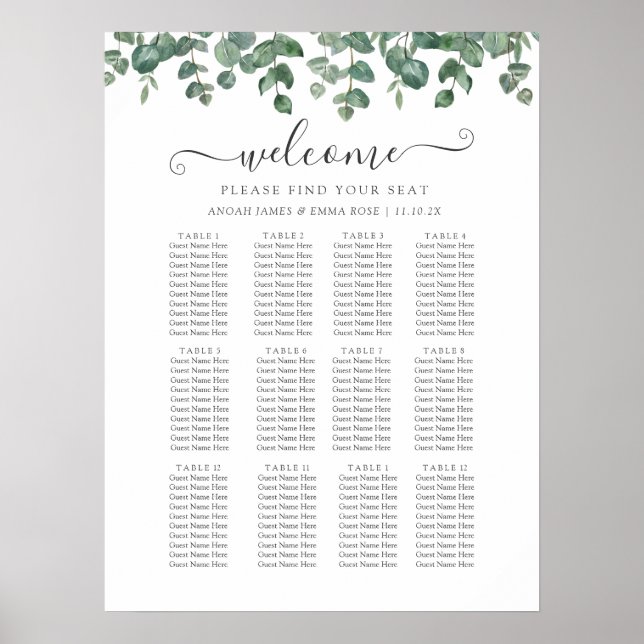 Elegant Eukalyptus Grönska Bröllops Sittplatskarta Poster (Framsidan)