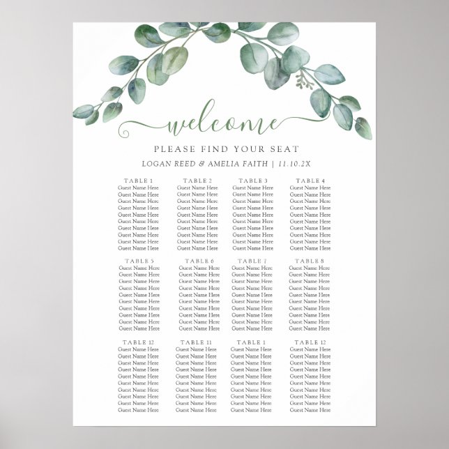 Elegant Eukalyptus Grönska Bröllops Sittplatskarta Poster (Framsidan)