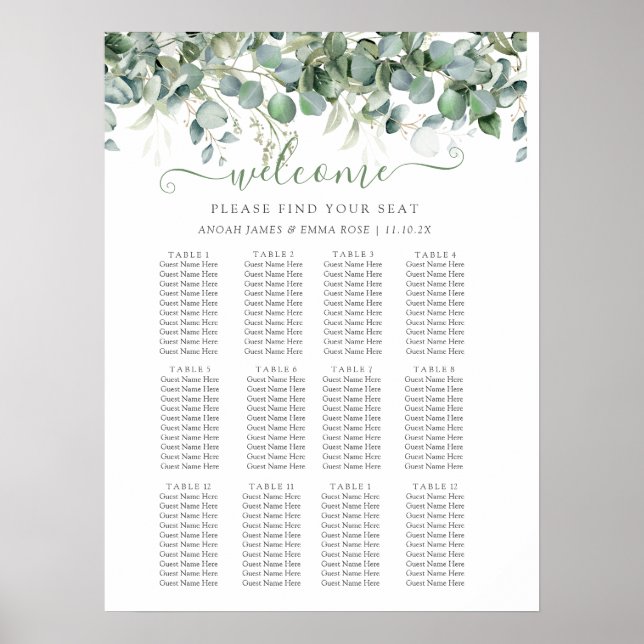 Elegant Eukalyptus Grönska Bröllops Sittplatskarta Poster (Framsidan)