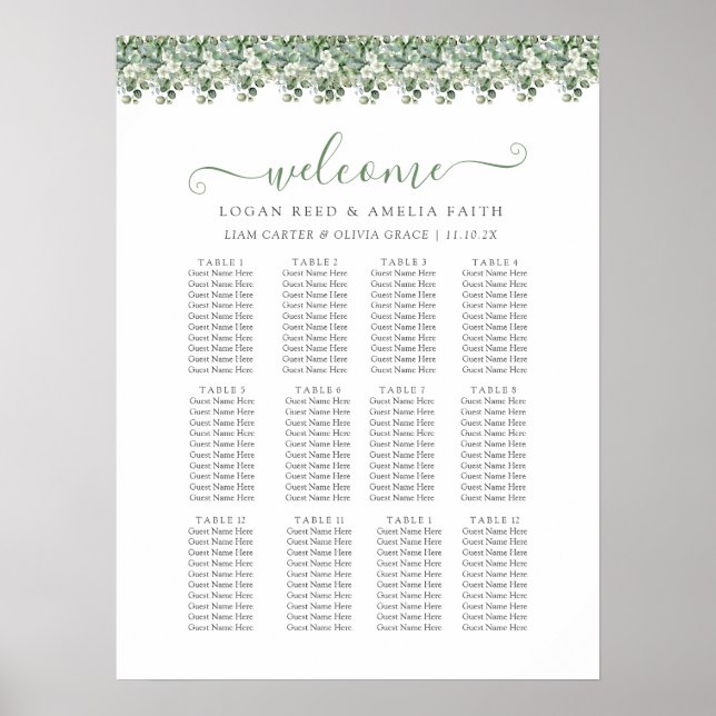 Elegant Eukalyptus Grönska Bröllops Sittplatskarta Poster (Framsidan)