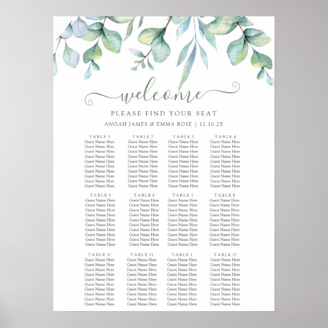 Elegant Eukalyptus Grönska Bröllopsplatskarta Poster (Framsidan)