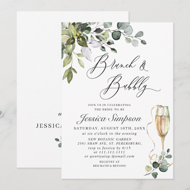 Elegant Eukalyptus Grönska Brunch & Bubbly Inbjudningar (Fram/baksida)