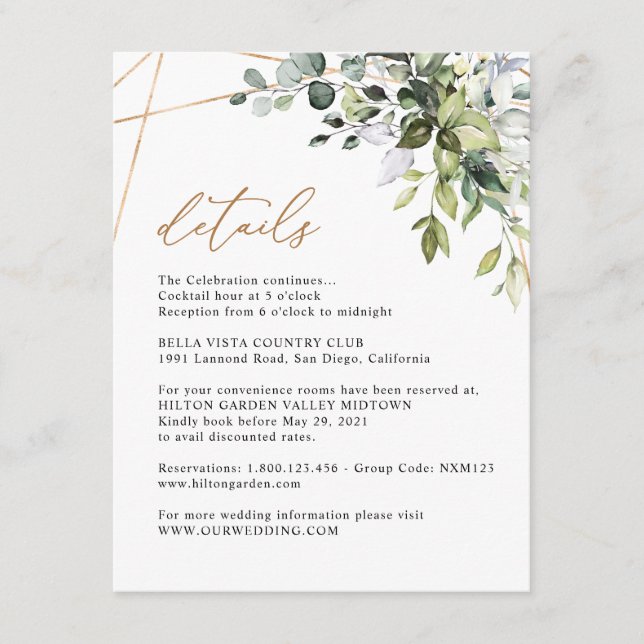 Elegant Eukalyptus Grönska Guld Info Detaljer Tilläggskort (Framsida)