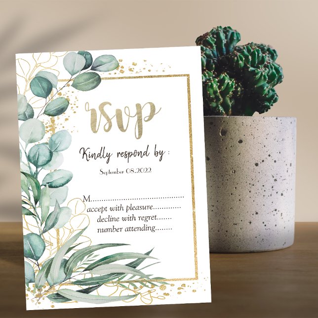 Elegant Eukalyptus Grönt Guld Ram RSVP Inbjudningar (Skapare uppladdad)