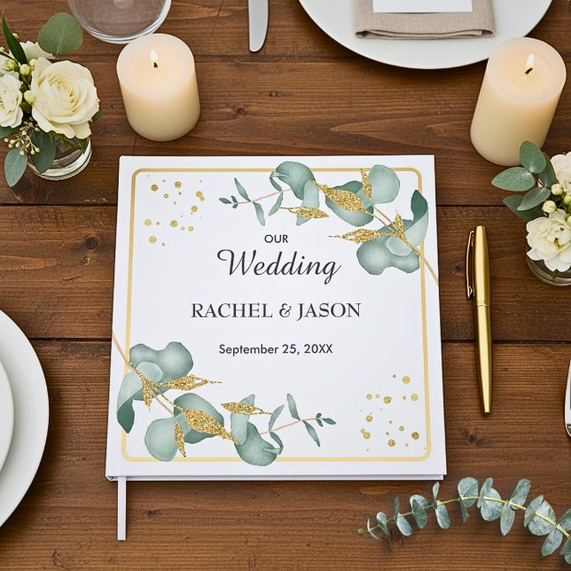 Elegant Eukalyptus Guld Glitter Grönska Bröllop Gästböcker (Beautiful Botanical Eucalyptus Leaves Gold Glitter Personalized Wedding Guestbook Keepsake)