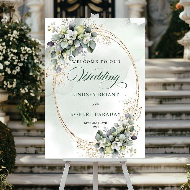 Elegant Eukalyptus Guld Välkomst Bröllopsskylt Poster (Chic Eucalyptus Gold Welcome Wedding Sign)