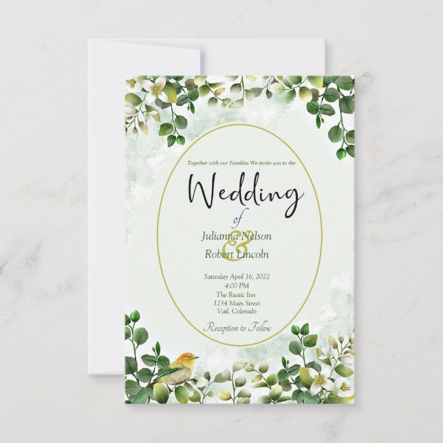 Elegant Eukalyptus i grönt och guld bröllopsinbjud Inbjudningar (Framsida)