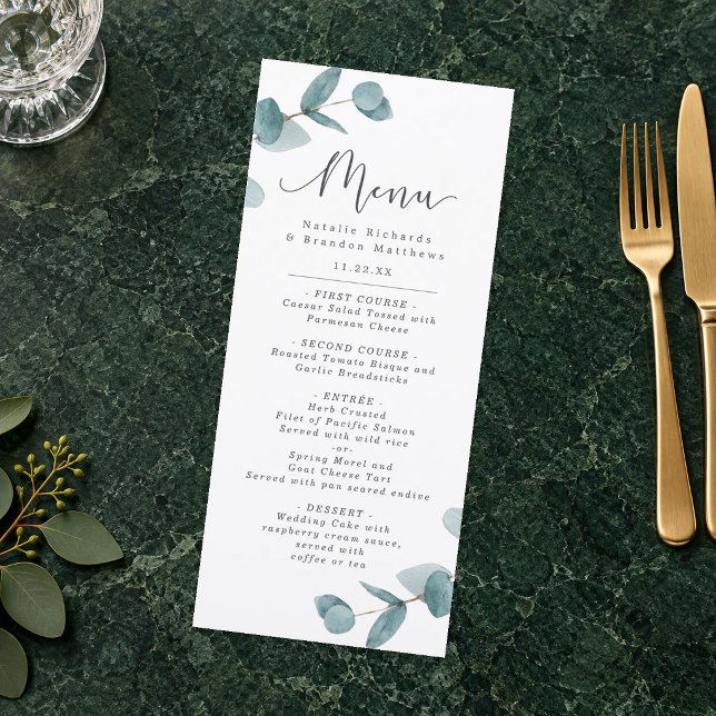 Elegant Eukalyptus & Kalligrafi Middagsscript Meny (Eucalyptus Calligraphy Wedding Dinner Menu. Styling props not included.)