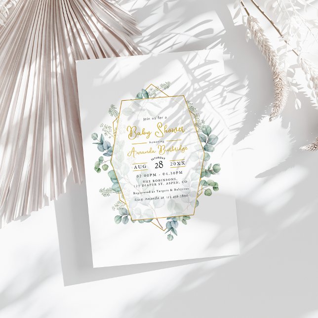 Elegant Eukalyptus och Guld Geometrisk Bebis Showe Inbjudningar (Elegant Eucalyptus and Gold Geometric Baby Shower Invitation)