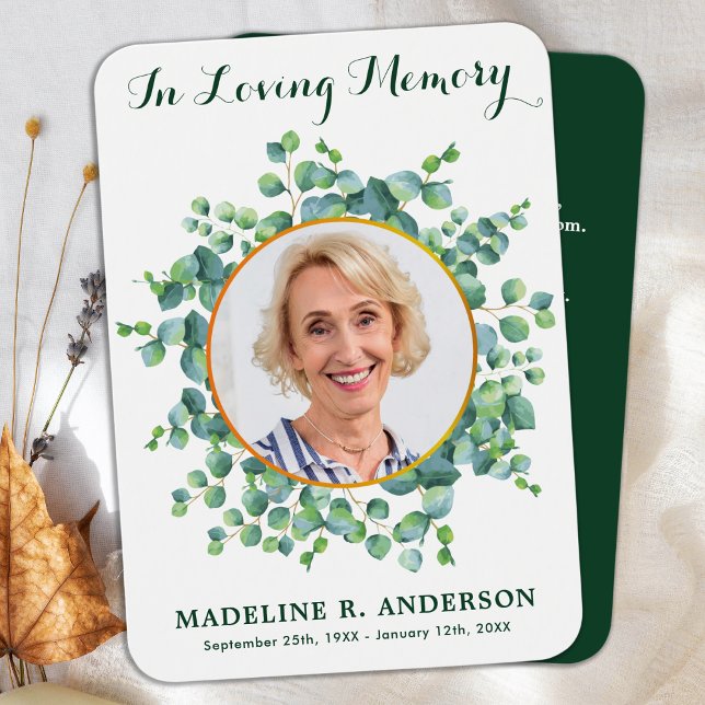 Elegant Eukalyptus Photo Funeral Prayer Card Visitkort (Skapare uppladdad)