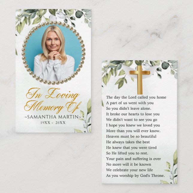 Elegant Eukalyptus Photo Funeral Prayer Card Visitkort (Fram/baksida)