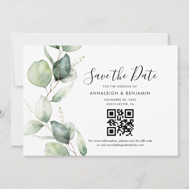 Elegant Eukalyptus QR-kod Bröllop Spara Datum Datumet (Framsida)