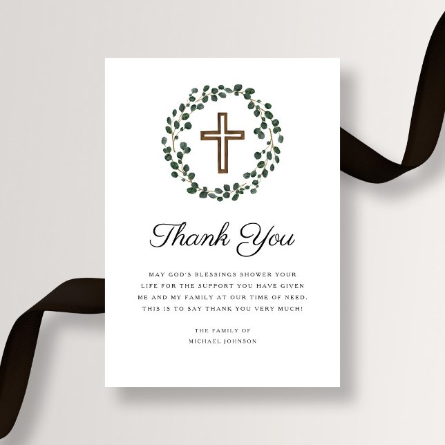 Elegant Eukalyptus Religiöst Kors Begravning Tack Kort (Elegant Eucalyptus Religious Cross Funeral Thank You Card)