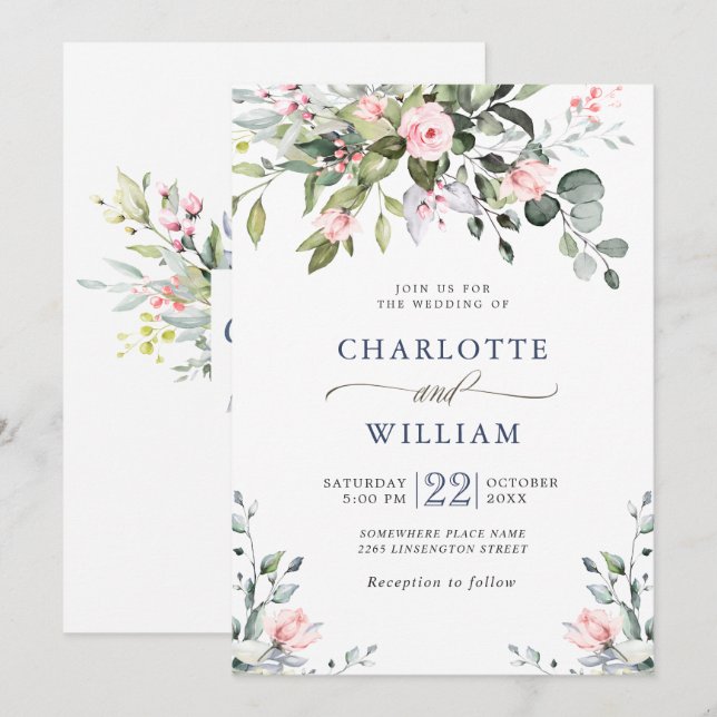 Elegant Eukalyptus Rosor Bröllop Inbjudningar (Fram/baksida)