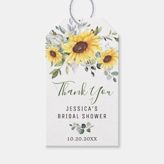 Elegant Eukalyptus Solrosor Favor Tack Presentetikett (Framsidan)