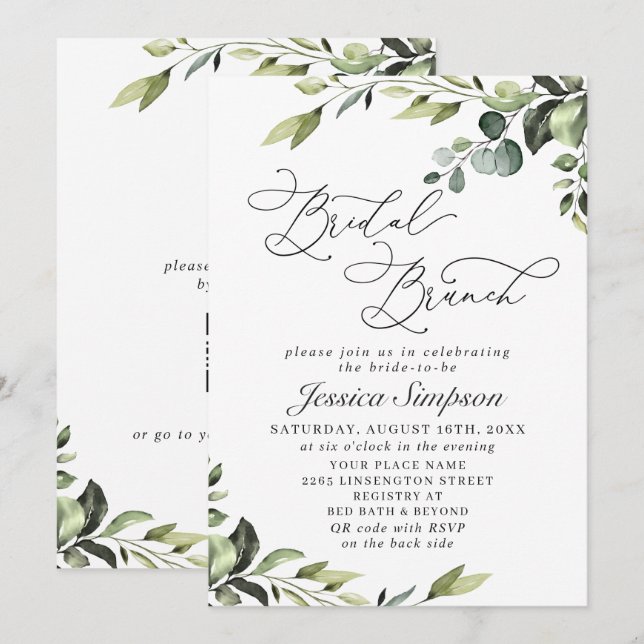 Elegant Eukalyptus Vattenfärg Bröllopsbrunch Inbjudningar (Fram/baksida)