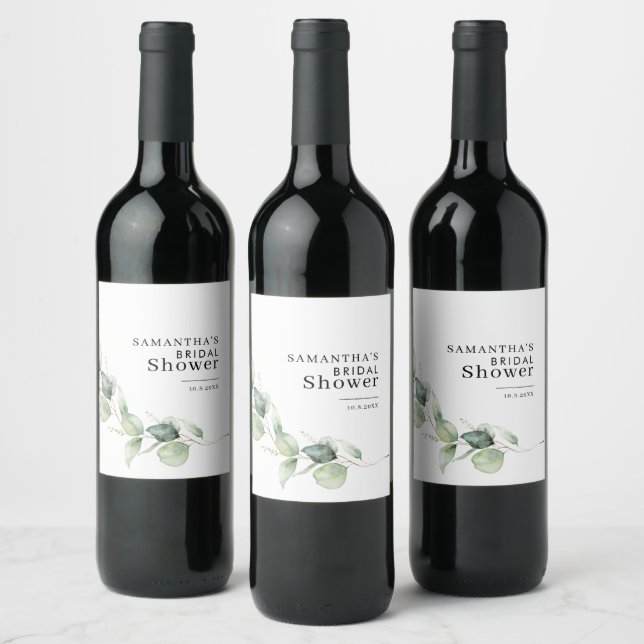 Elegant Eukalyptus Vattenfärg Bröllopsdusch Vinflaska Etikett (Flaskor)