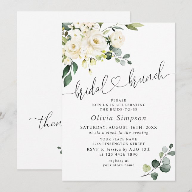 Elegant Eukalyptus Vita Rosor Bröllopsbrunch Inbjudningar (Fram/baksida)