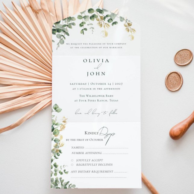 Elegant Eukalyptusblad Guld Grön Bröllop  (Elegant Eucalyptus Foliage Gold Green Wedding All In One Invitation)