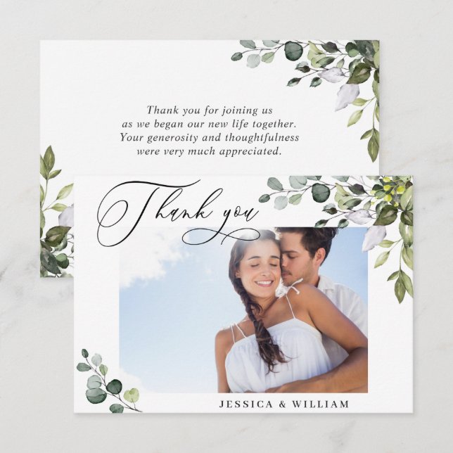 Elegant Eukalyptusgrönska FOTO Bröllop Tack Kort (Fram/baksida)